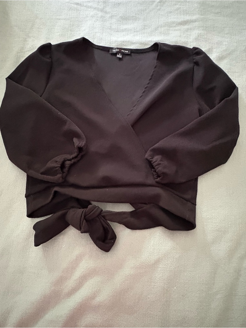 Women's Black Wrap Tie Long-Sleeve Top